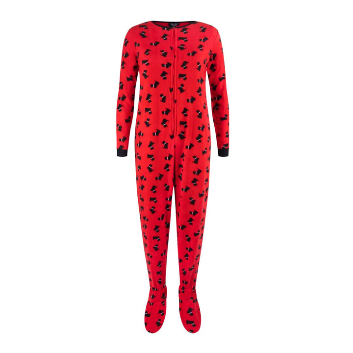René Rofé Adult Fleece Footed Onesie in Red and Black Dogs Pattern