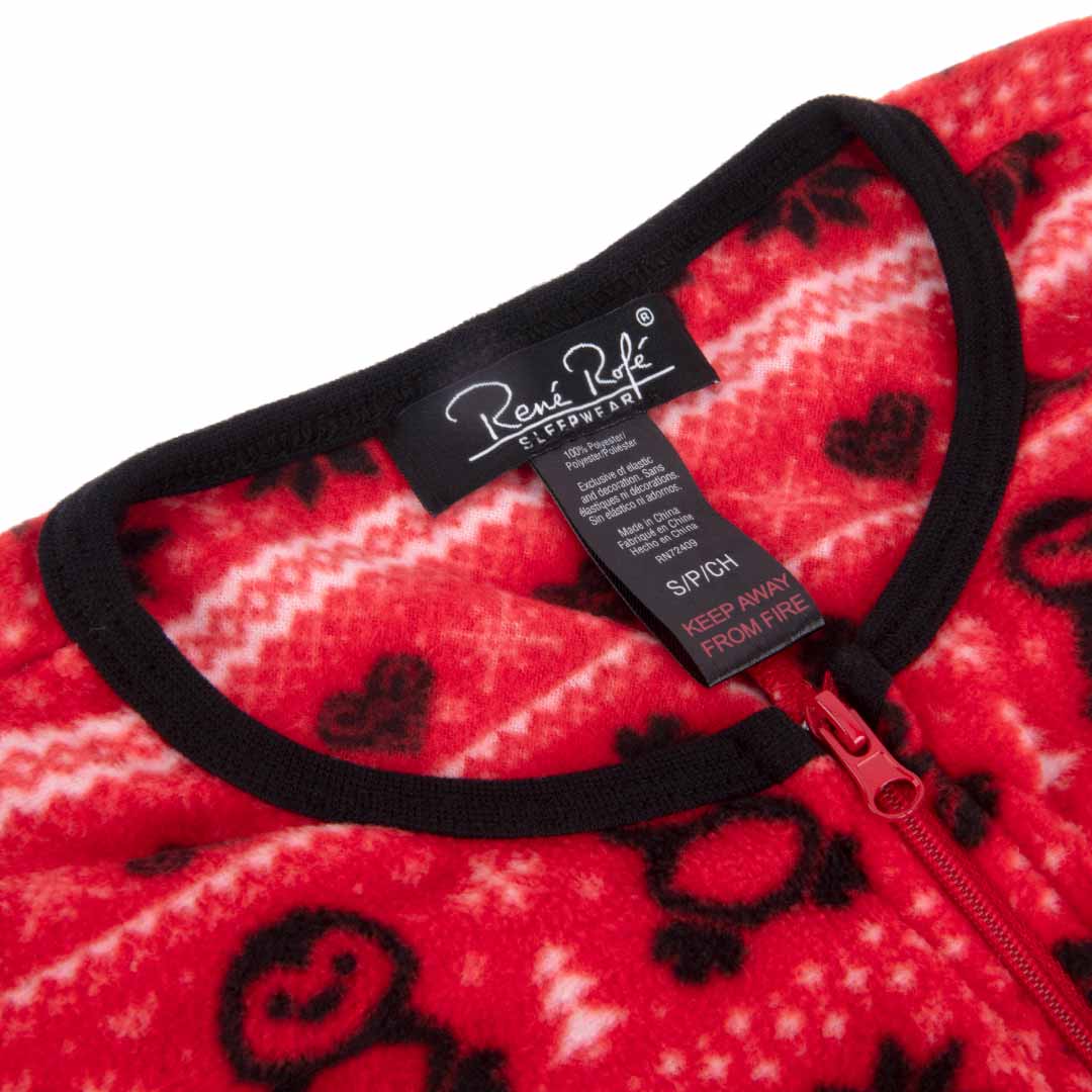 René Rofé Adult Fleece Footed Onesie in Red Penguins and Snow Flakes  Pattern