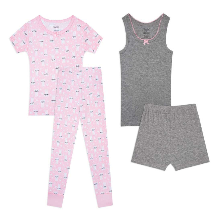 Shop the René Rofé Girls Cotton Snug Fit Pajama Pant and Short Set in Cats print and Heather Grey color