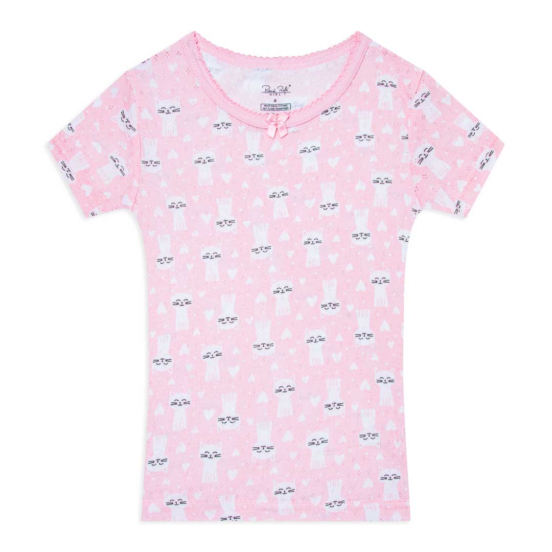 Cat patterned t-shirt as a part of the René Rofé Girls Cotton Snug Fit Pajama Pant and Short Set