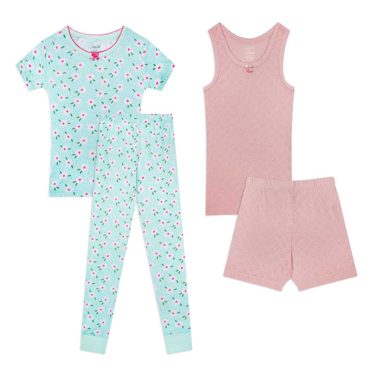 Shop the René Rofé Girls Cotton Snug Fit Pajama Pant and Short Set in Green Flowers and Hearts pattern