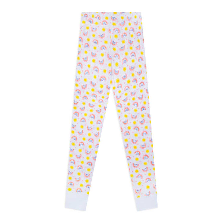 Rainbow patterned pants as a part of the René Rofé Girls Cotton Snug Fit Pajama Pant and Short Set