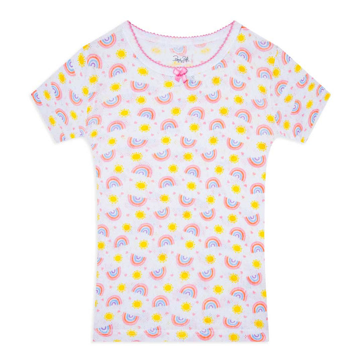 Rainbow patterned t-shirt as a part of the the René Rofé Girls Cotton Snug Fit Pajama Pant and Short Set