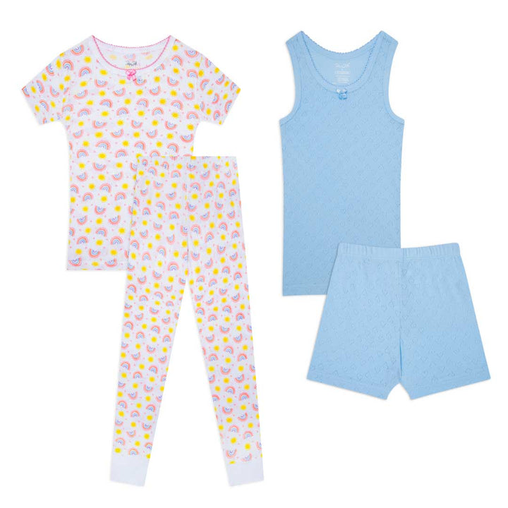 Shop the René Rofé Girls Cotton Snug Fit Pajama Pant and Short Set in White Rainbows and Blue Hearts pattern