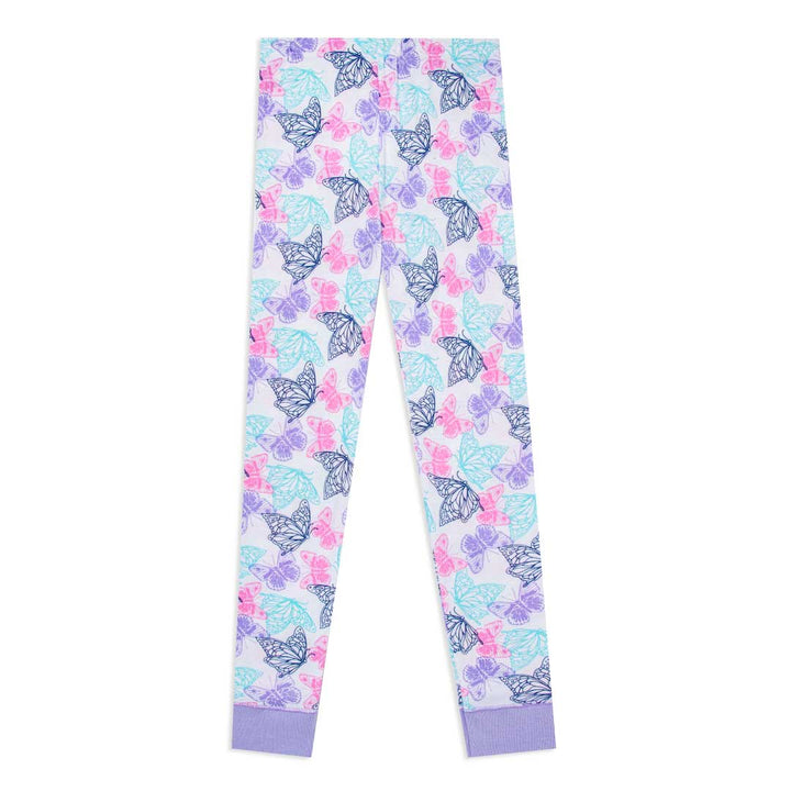 Blue and Pink Butterflies patterned pant as part of the René Rofé Girls Snug Fit Cotton Pajama Pant and Short Set