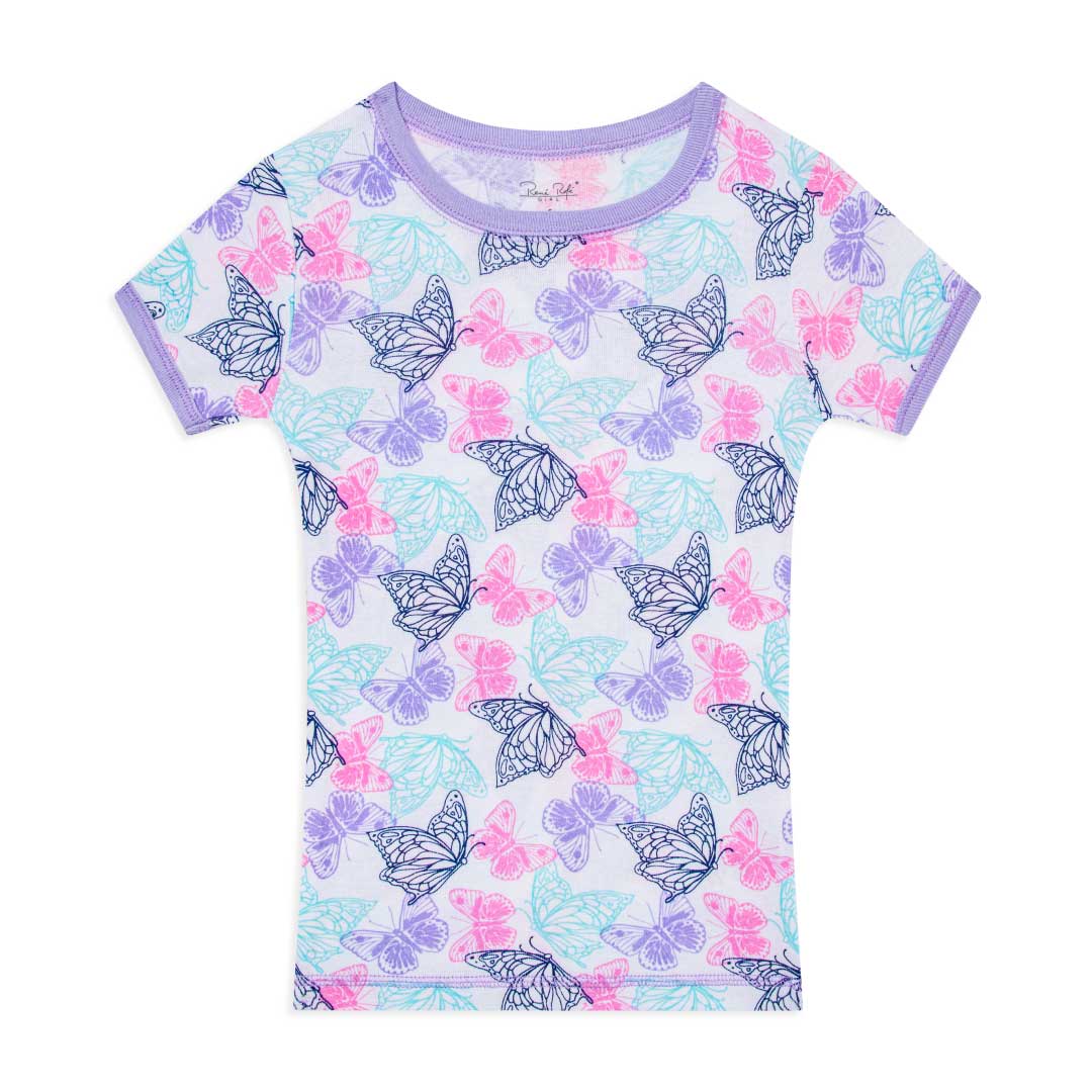 Blue and Pink patterned t-shirt as part of the René Rofé Girls Snug Fit Cotton Pajama Pant and Short Set