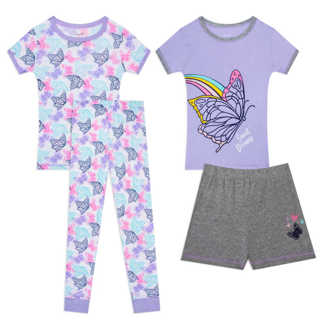 Shop the René Rofé Girls Snug Fit Cotton Pajama Pant and Short Set in Blue and Pink Butterflies pattern
