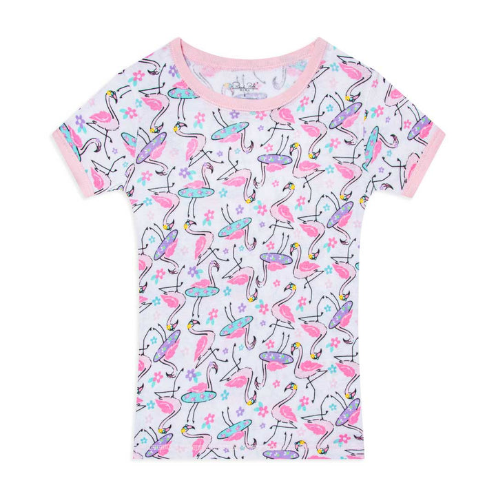 Flamingos patterned t-shirt as part of the René Rofé Girls Snug Fit Cotton Pajama Pant and Short Set