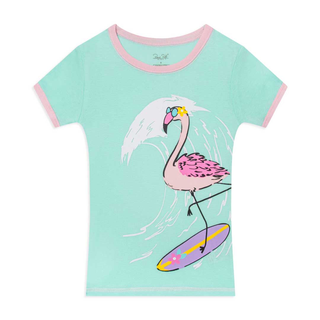 Flamingo printed t-shirt as part of the René Rofé Girls Snug Fit Cotton Pajama Pant and Short Set