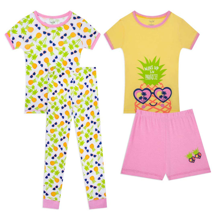Shop the René Rofé Girls Snug Fit Cotton Pajama Pant and Short Set in Pineapple with Sunglasses pattern