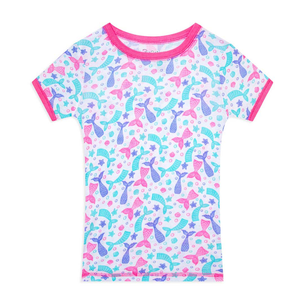 Pink and Blue Mermaids patterned t-shirt as part of the René Rofé Girls Snug Fit Cotton Pajama Pant and Short Set