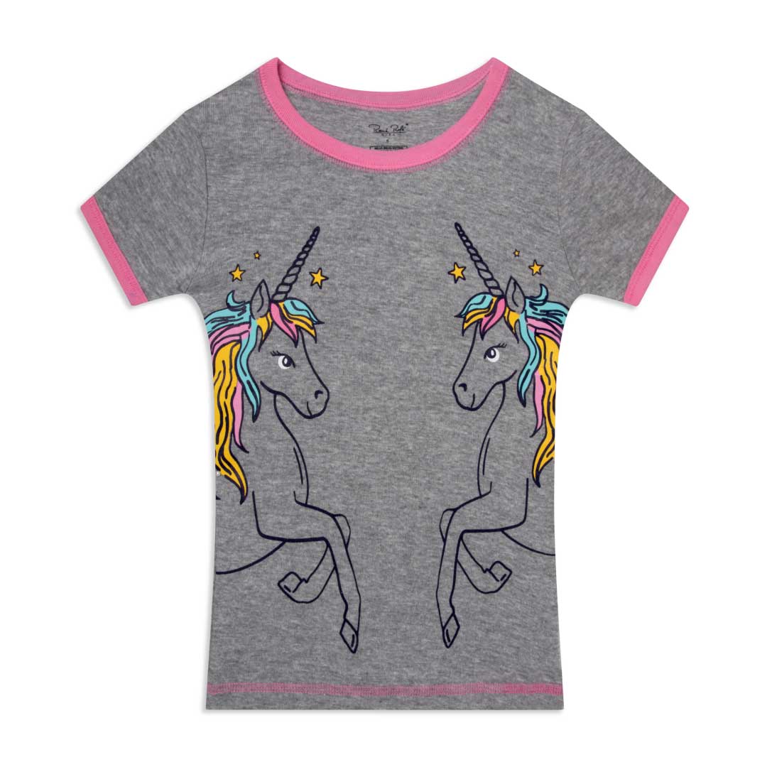 Unicorn printed t-shirt as part of the René Rofé Girls Snug Fit Cotton Pajama Pant and Short Set