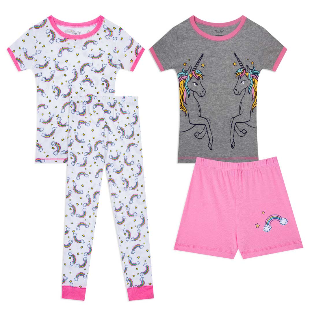 Shop the René Rofé Girls Snug Fit Cotton Pajama Pant and Short Set in White Rainbows and Unicorns pattern