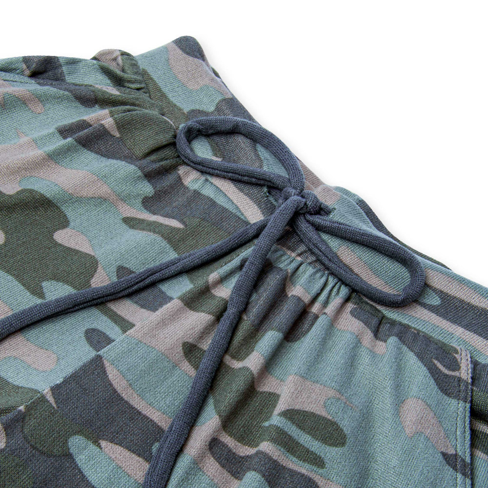 Camo patterned Hacci Pajama Pants frontal close up view 