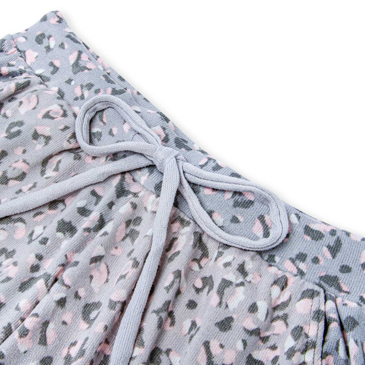 Grey Pink Cheetah printed Hacci Pajama Pants frontal close up view