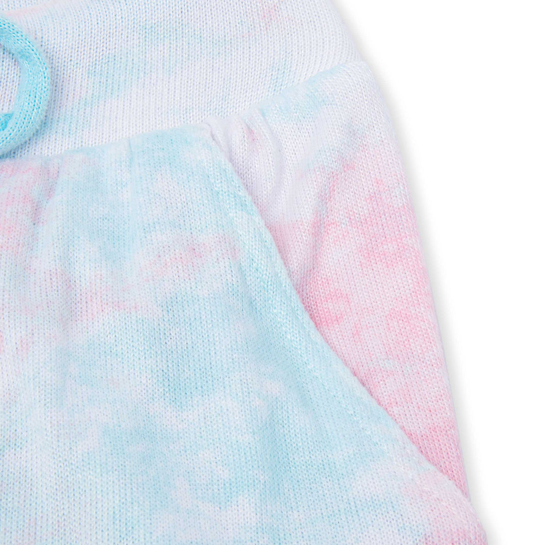 Pink Blue Tie Dye colored Hacci Pajama Pant side pocket close up view