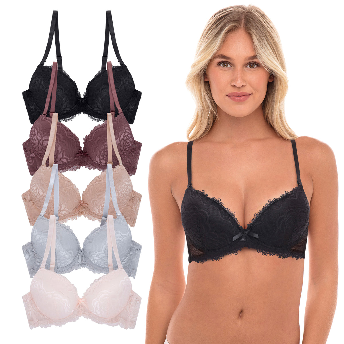 René Rofé Rene Rofe Lingerie 5 Pack Womens Floral Lace Light Push Up Bra