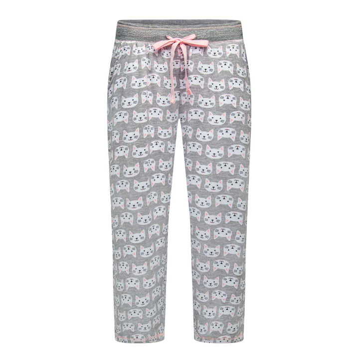 Grey Cats patterned pants as part of the René Rofé Love To Sleep Capri Set