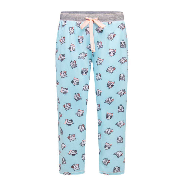 Blue Owls patterned pants as part of the René Rofé Love To Sleep Capri Set