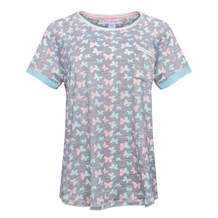Pink and Blue Butterflies patterned t-shirt as part of the René Rofé Love To Sleep Capri Set