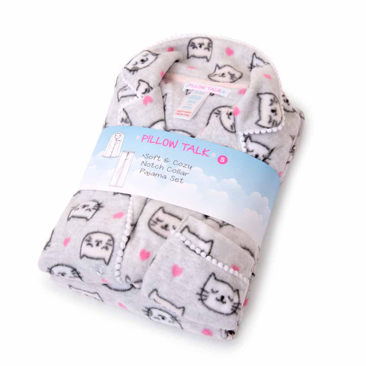 Gift wrapped Grey Kittens set as a part of the René Rofé Women's Microfleece Button-Up Pajama Gift Set with Notch Collar set