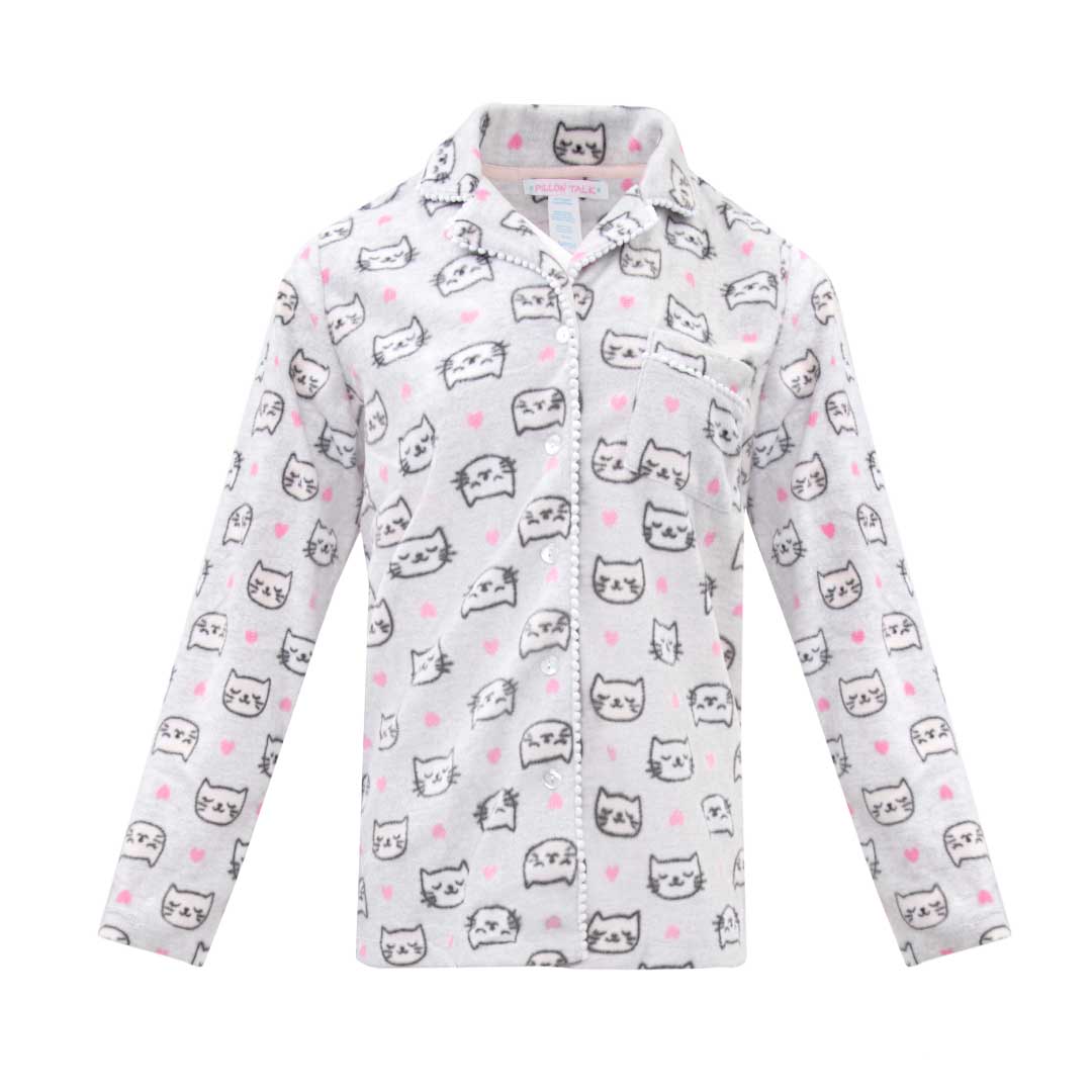 Grey Kittens top as a part of the René Rofé Women's Microfleece Button-Up Pajama Gift Set with Notch Collar set