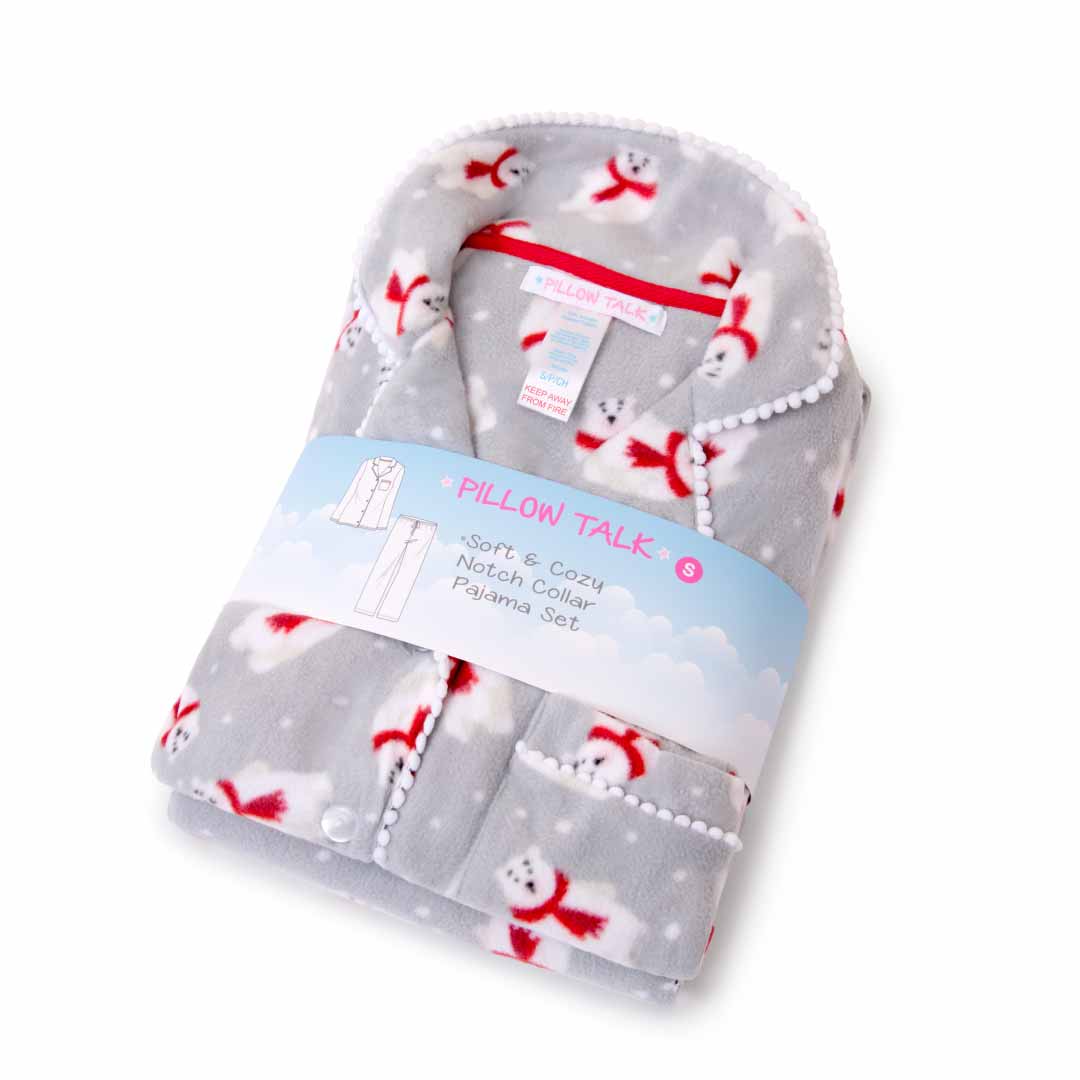 Gift wrapped Grey Polar Bear set as a part of the René Rofé Women's Microfleece Button-Up Pajama Gift Set with Notch Collar set