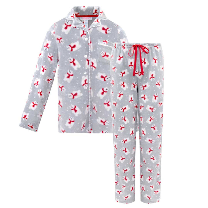 René Rofé Women's Microfleece Button-Up Pajama Gift Set with Notch Collar in Grey Polar Bears