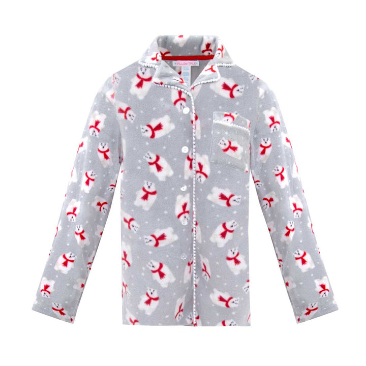 Grey Polar Bear top as a part of the René Rofé Women's Microfleece Button-Up Pajama Gift Set with Notch Collar set