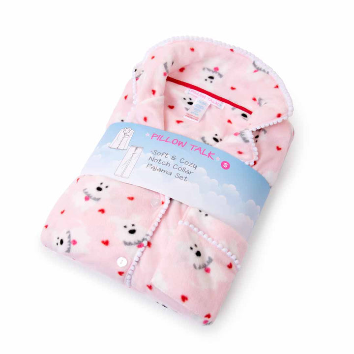 Gift wrapped Pink Polar Bear set as a part of the René Rofé Women's Microfleece Button-Up Pajama Gift Set with Notch Collar set