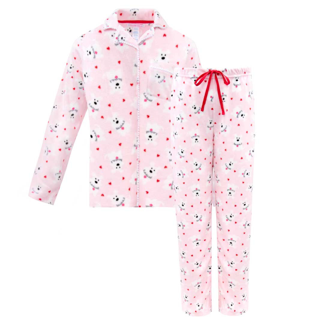 René Rofé Women's Microfleece Button-Up Pajama Gift Set with Notch Collar in Pink Polar Bears