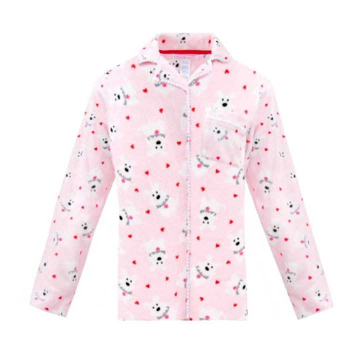 Pink Polar Bears top as a part of the René Rofé Women's Microfleece Button-Up Pajama Gift Set with Notch Collar set