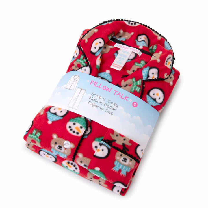 Gift wrapped Red Penguins and Snowmen set as a part of the René Rofé Women's Microfleece Button-Up Pajama Gift Set with Notch Collar set
