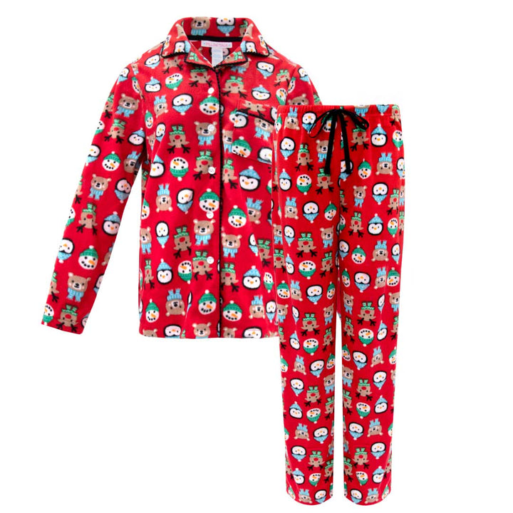 René Rofé Women's Microfleece Button-Up Pajama Gift Set with Notch Collar in Red Penguins and Snowmen