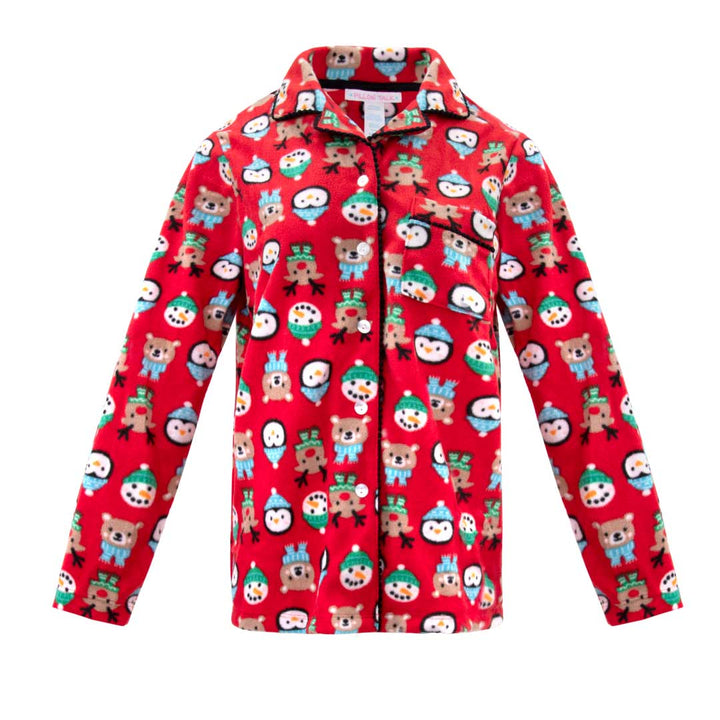 Red Penguins and Snowmen top as a part of the René Rofé Women's Microfleece Button-Up Pajama Gift Set with Notch Collar set