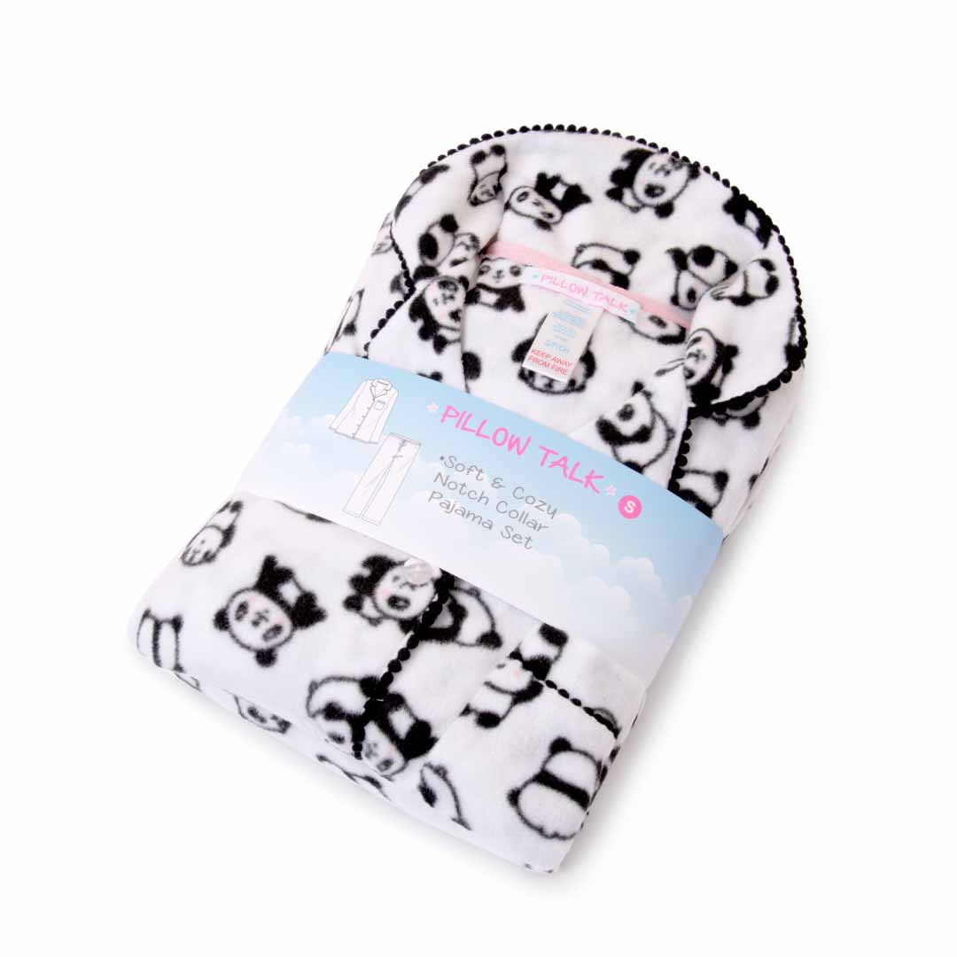 Gift wrapped White Pandas set as a part of the René Rofé Women's Microfleece Button-Up Pajama Gift Set with Notch Collar set