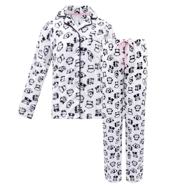 René Rofé Women's Microfleece Button-Up Pajama Gift Set with Notch Collar in White Pandas
