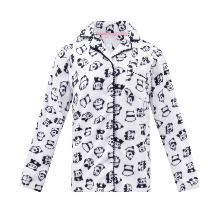 White Pandas top as a part of the René Rofé Women's Microfleece Button-Up Pajama Gift Set with Notch Collar set