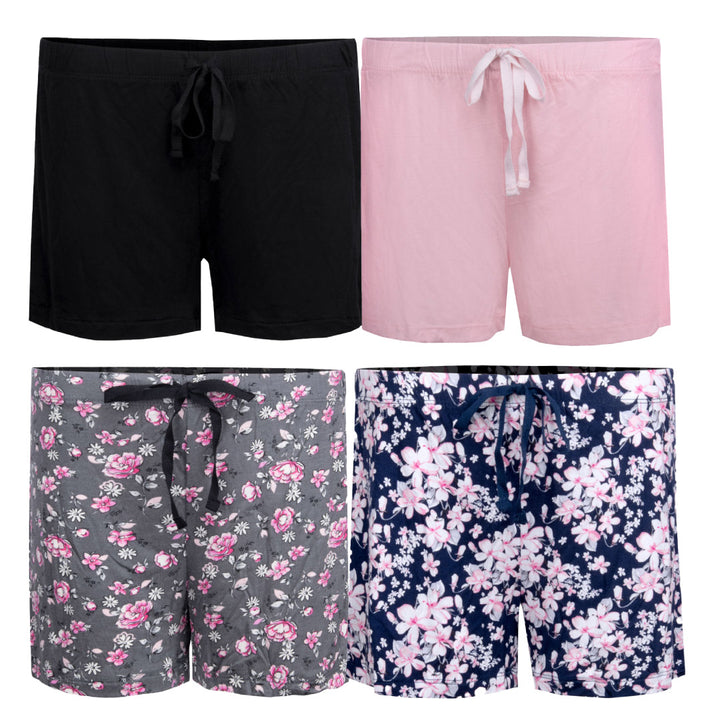 René Rofé Pillow Talk Pajama Shorts - 4 Pack in Black and Blue with Pink Floral