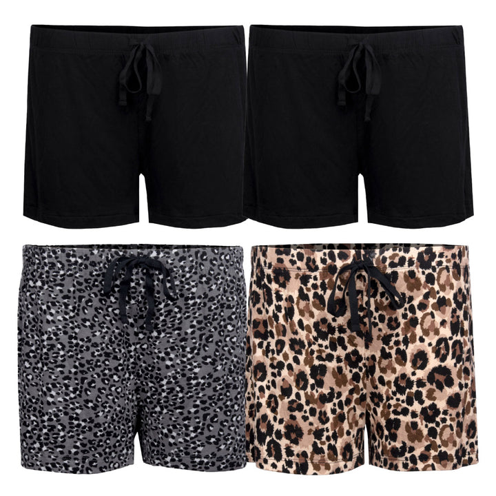 René Rofé Pillow Talk Pajama Shorts - 4 Pack in Black and Leopard Print