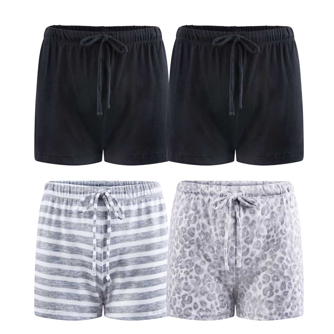 René Rofé Pillow Talk Pajama Shorts - 4 Pack in Black, Grey Stripes and Leopard Print 
