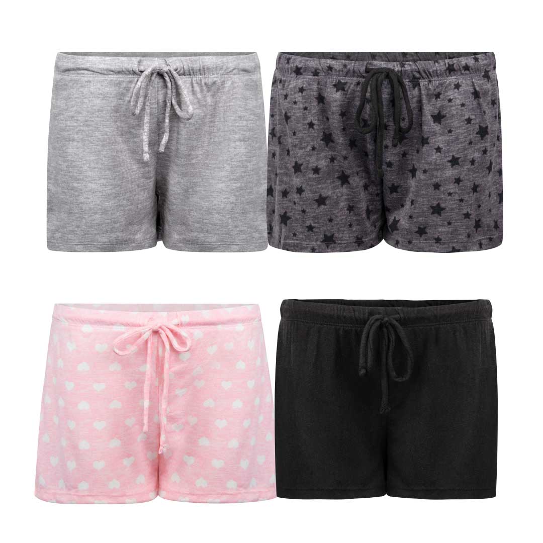 René Rofé Pillow Talk Pajama Shorts - 4 Pack in Grey, Pink, Black, and Dark Grey with stars print