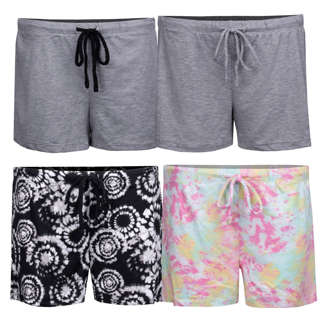 René Rofé Pillow Talk Pajama Shorts - 4 Pack in Grey with Black and Pink Tie Dye