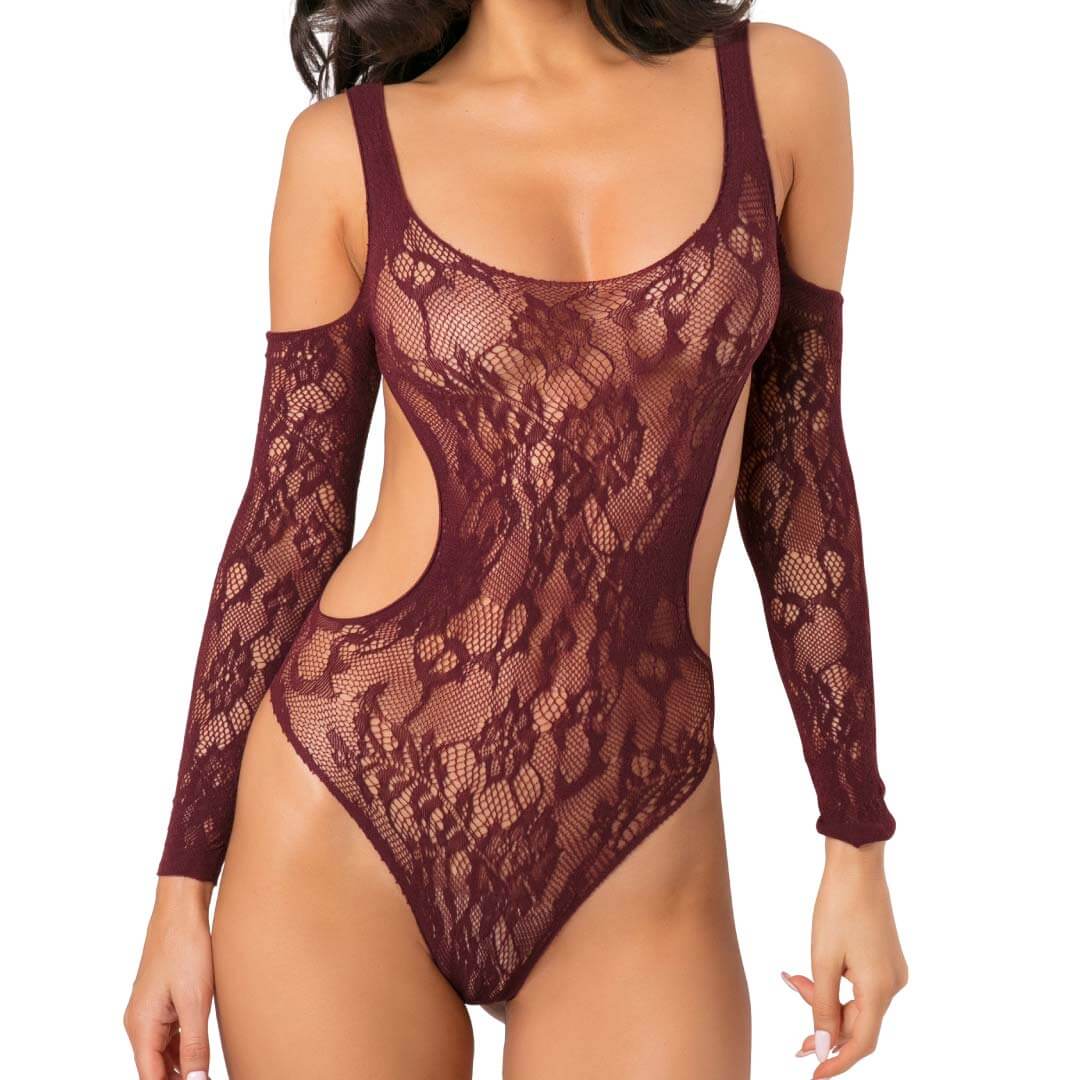 Close up front view of the René Rofé Set The Mood Bodysuit in Burgundy
