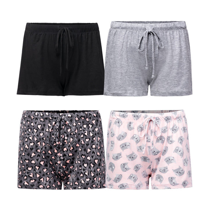 René Rofé 4 Pack Yummy Butter Soft Lounge Shorts Hearts Kittens