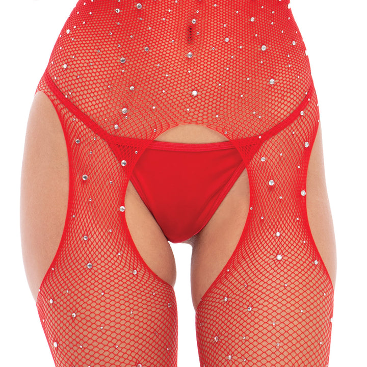 Sparkle Fishnet Crotchless Bodystocking in Red by René Rofé