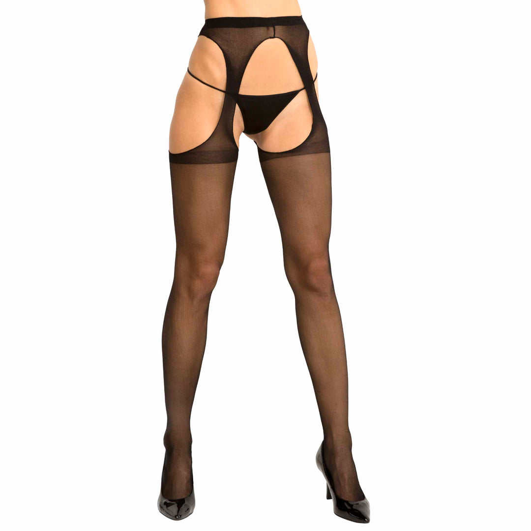 Close up front view of the René Rofé Suspender Thigh Highs in Black