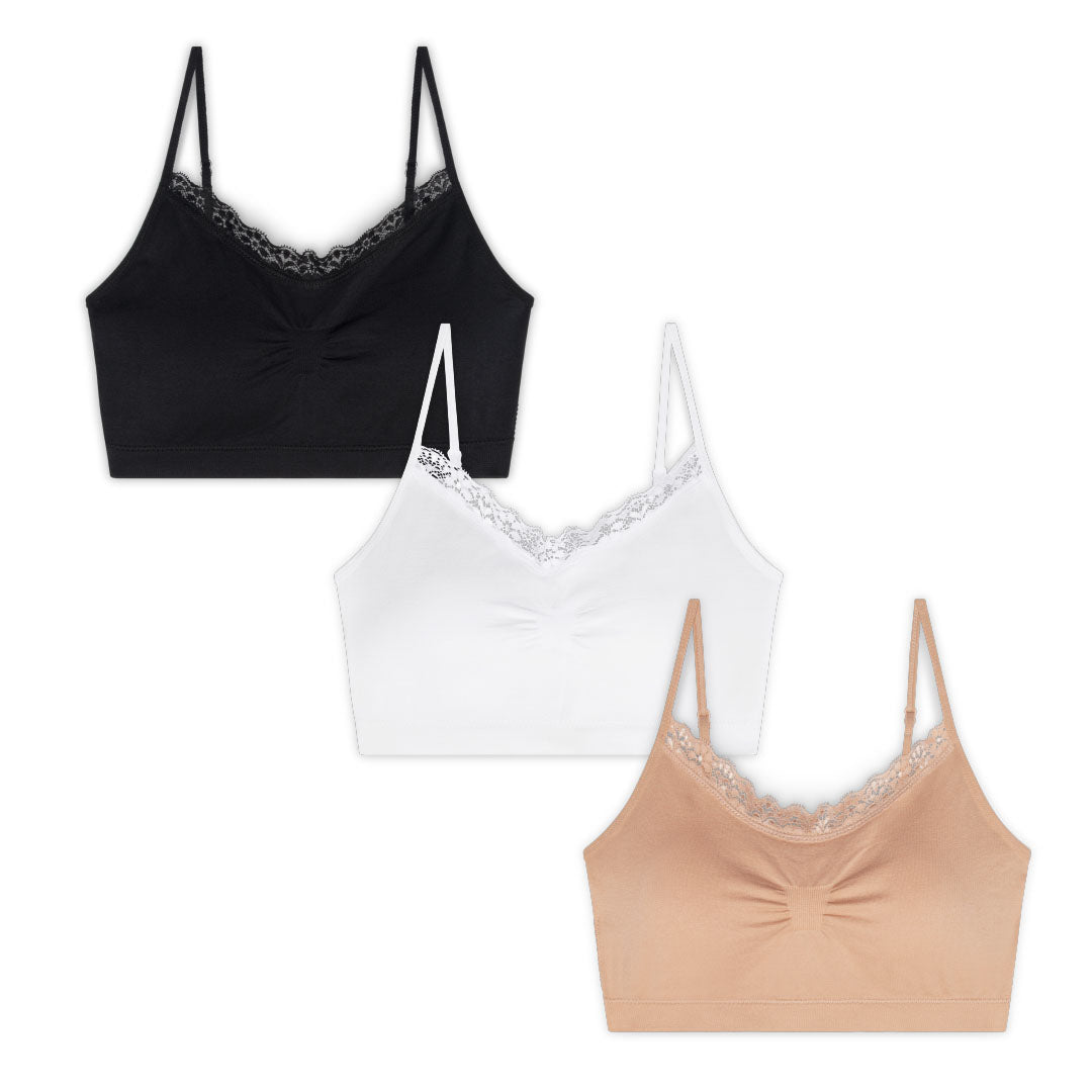 René Rofé Wireless Sports Bras with Removable Pads - 3 Pack with Lace Black, White and Nude Bras