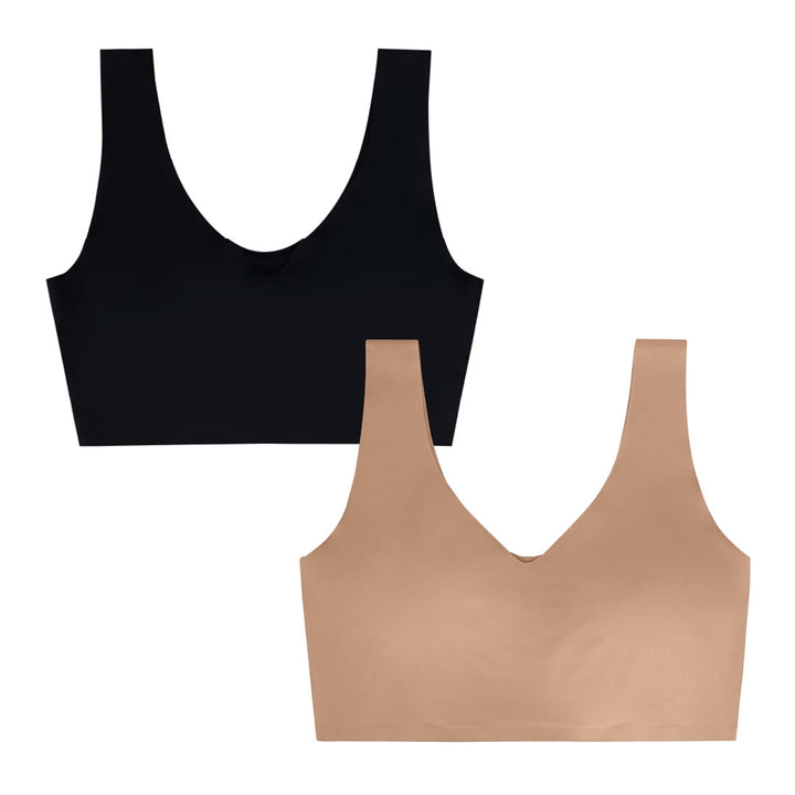 Wireless Sports Bras with Removable Pads and Extra Back Support - 2 Pack in Black and Beige by René Rofé