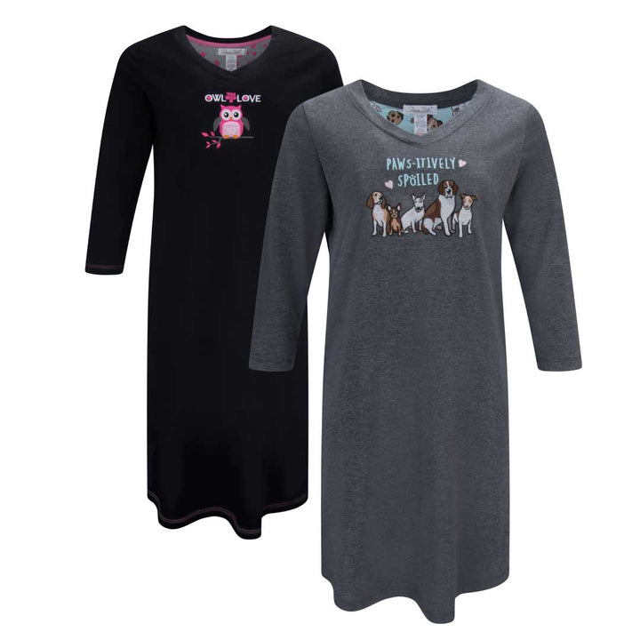 René Rofé Women's 3/4 Sleeve Cotton Nightshirt in Black Owls and Dogs print